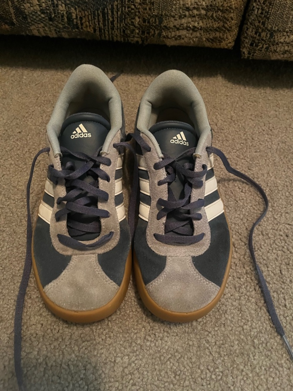adidas Navy, Gray and White Suede Retro Sneakers with Gum Sole